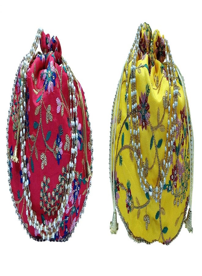 athizay Potli bag (Pack of 2 Potli) Red and Yellow Multicolored Matka shape handbags for Women - Image 1